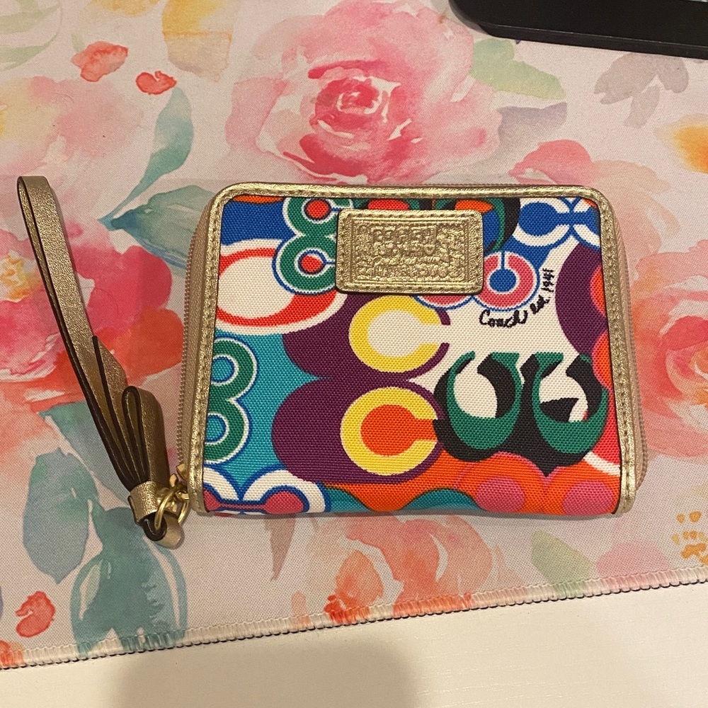 Coach Colorful Patterned Wristlet with Gold Trim